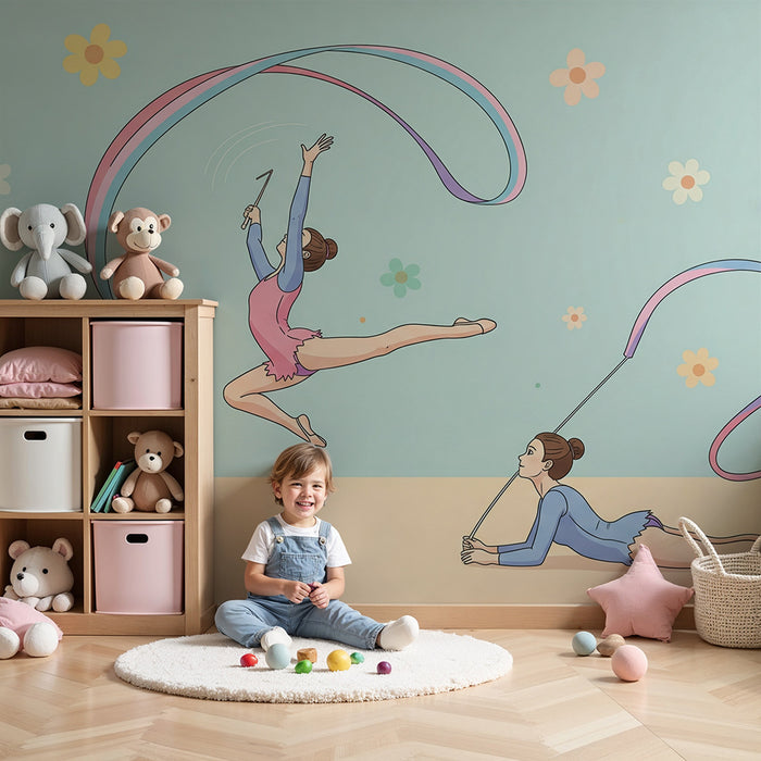 Papier peint chambre enfant | Danseuses avec rubans et fleurs colorées