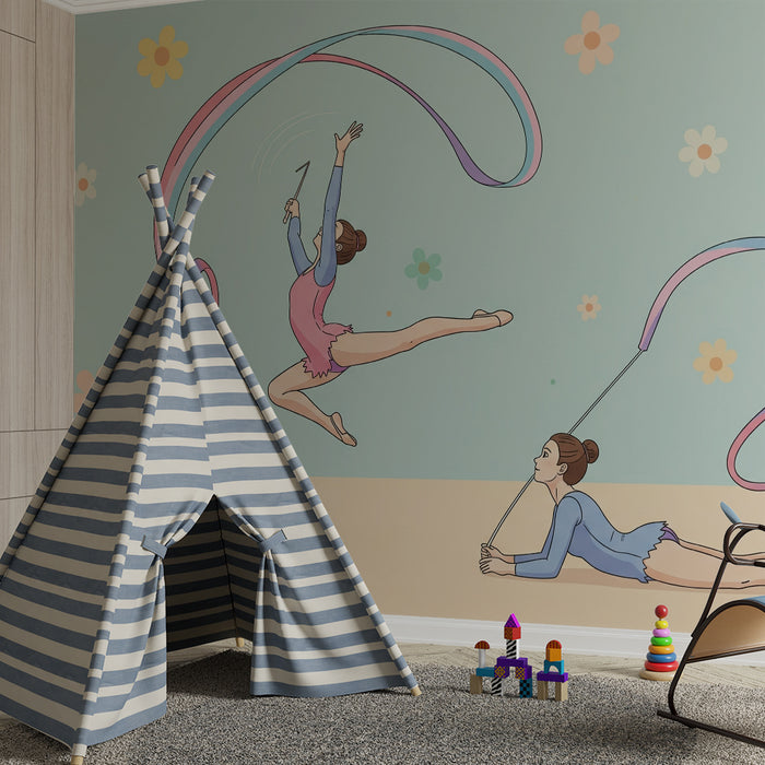 Papier peint chambre enfant | Danseuses avec rubans et fleurs colorées