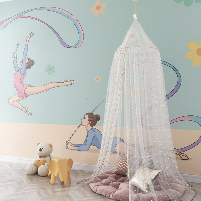 Papier peint chambre enfant | Danseuses avec rubans et fleurs colorées