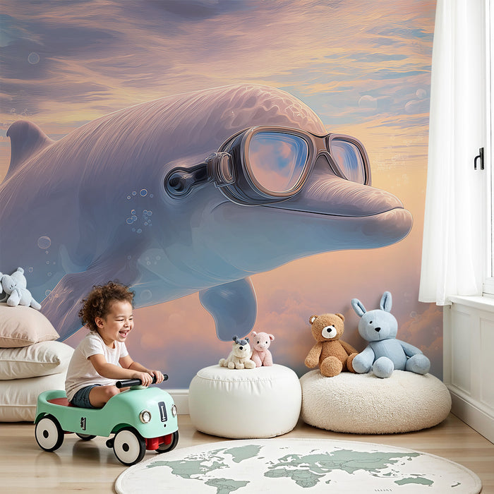 Barnrumspapper | Delfinäventyrare med dykarmaskin under pastellhimmel