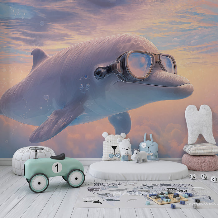 Barnrumspapper | Delfinäventyrare med dykarmaskin under pastellhimmel