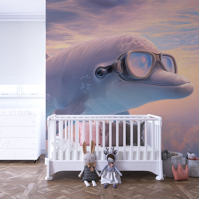 Barntapet | Äventyrlig delfin med dykglasögon under en pastellfärgad himmel