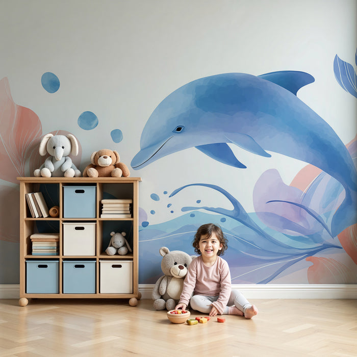 Papel pintado infantil | Delfín en un océano pastel