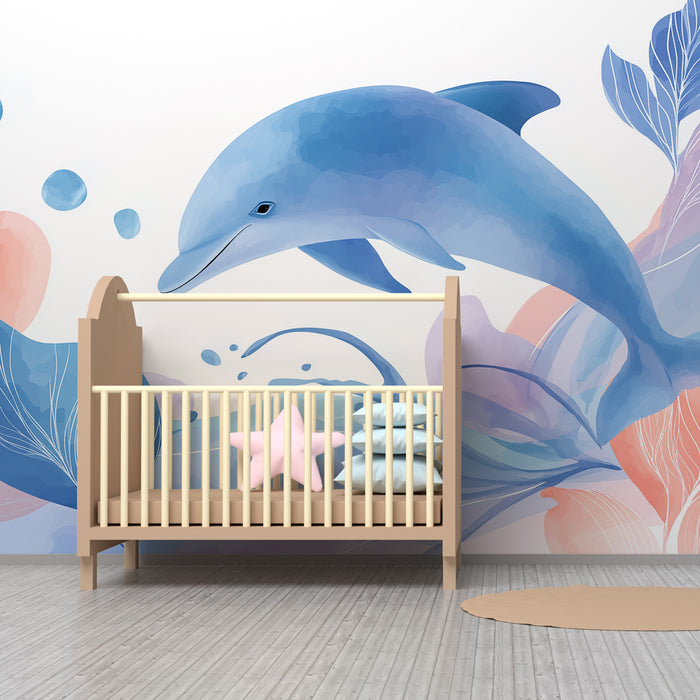 Papel pintado infantil | Delfín en un océano pastel