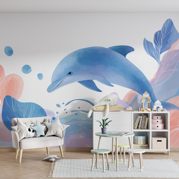 Papel pintado infantil | Delfín en un océano pastel