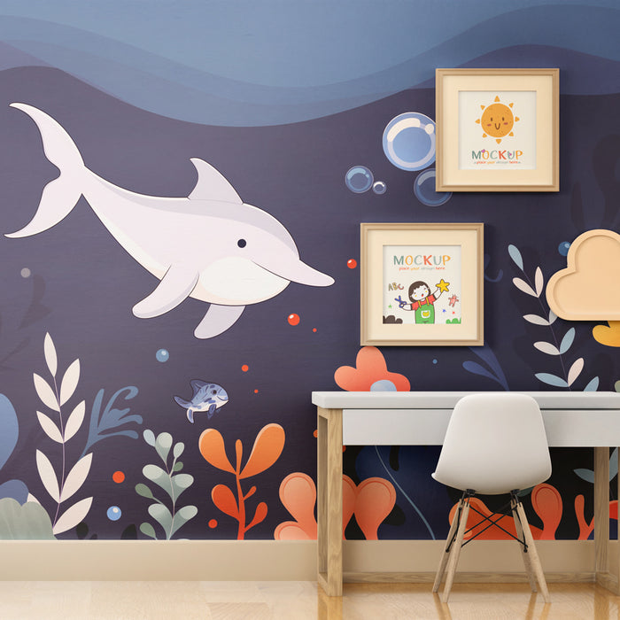 Papel de parede criança | Golfinho e mundo submarino colorido