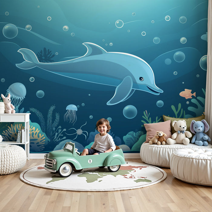 Papel pintado infantil | Delfín y arrecife de coral