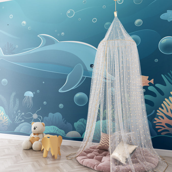 Papel pintado infantil | Delfín y arrecife de coral