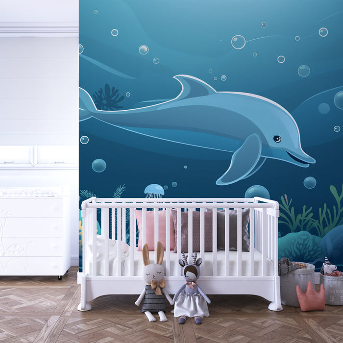 Papel pintado infantil | Delfín y arrecife de coral
