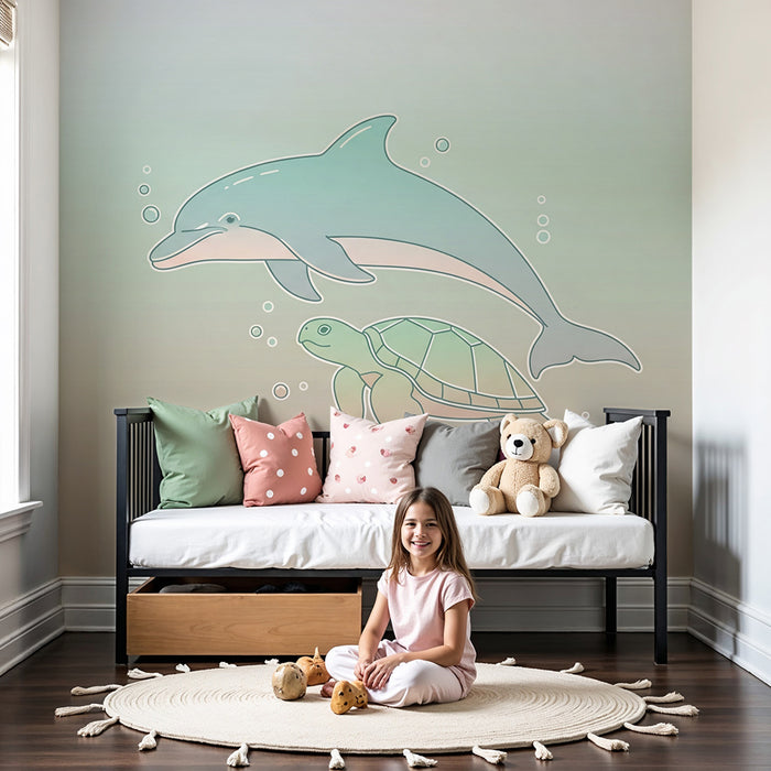 Papel de parede criança | Golfinho e tartaruga num ambiente marinho tranquilo