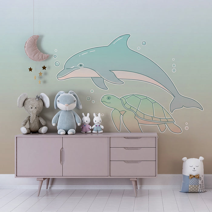 Papel de parede criança | Golfinho e tartaruga num ambiente marinho tranquilo