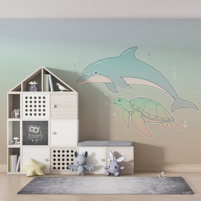 Papel de parede criança | Golfinho e tartaruga num ambiente marinho tranquilo