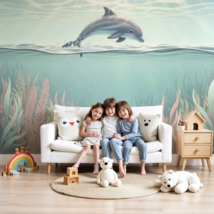Papel pintado infantil | Delfín alegre y fondos marinos encantados