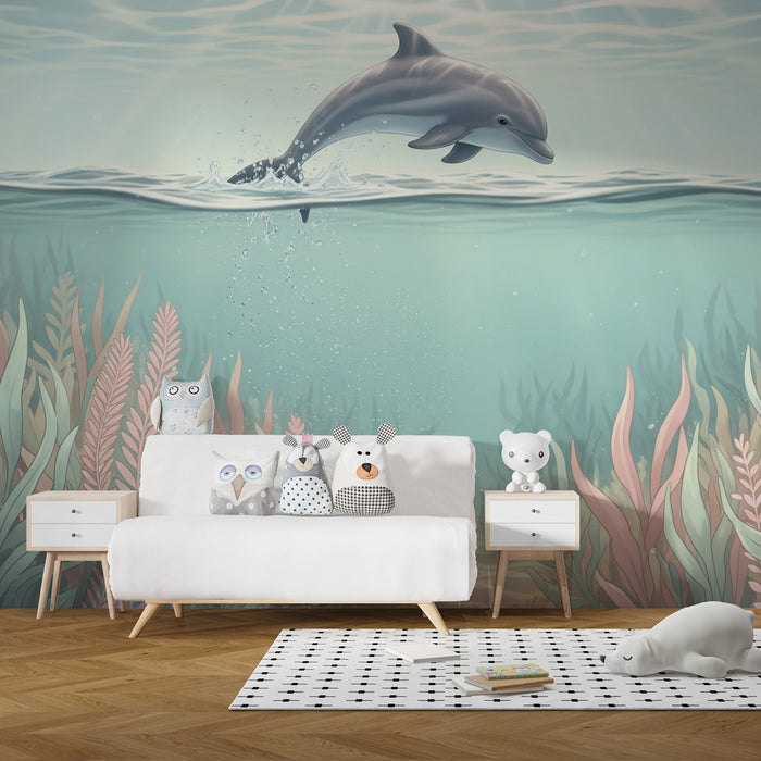 Papel pintado infantil | Delfín alegre y fondos marinos encantados