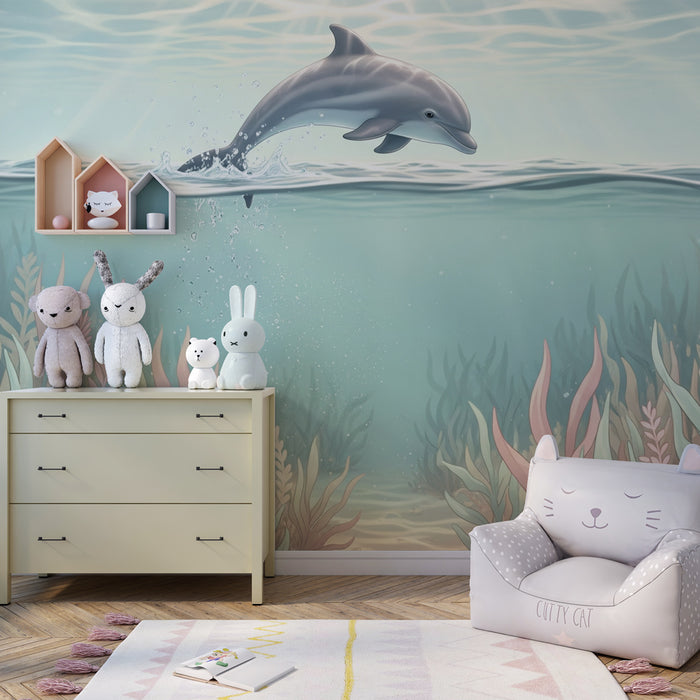 Papel pintado infantil | Delfín alegre y fondos marinos encantados