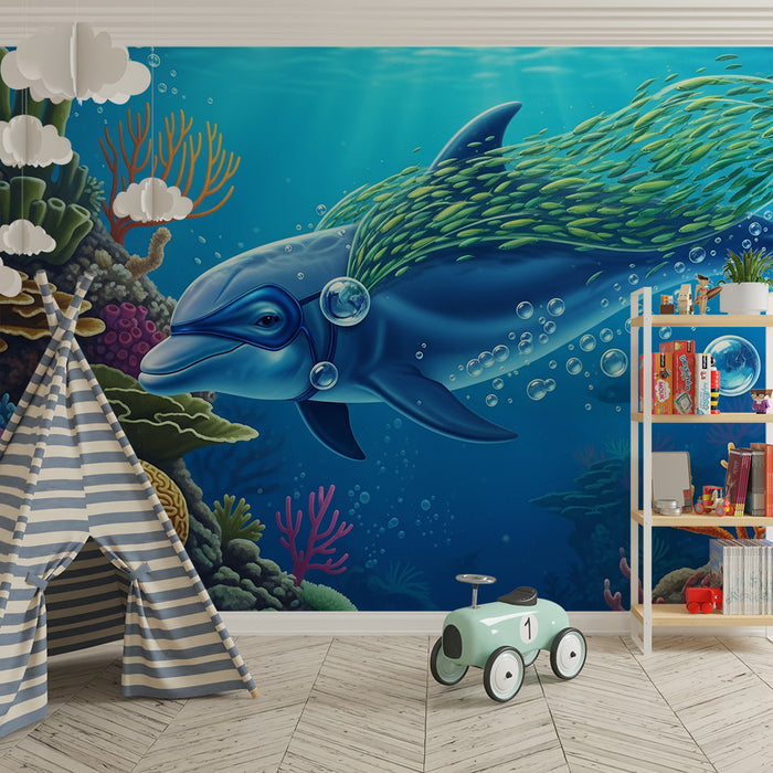 Papel de parede criança | Χαρούμενο δελφίνι που κολυμπάει ανάμεσα στα πολύχρωμα κοράλλια