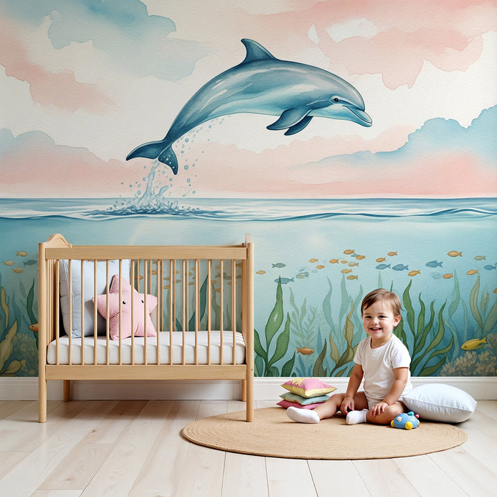 Kids room wallpaper | Dolphin jumping over waves with a colorful underwater background