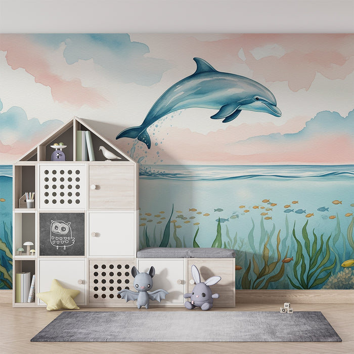 Kids room wallpaper | Dolphin jumping over waves with a colorful underwater background