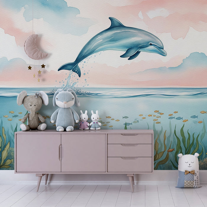 Kids room wallpaper | Dolphin jumping over waves with a colorful underwater background