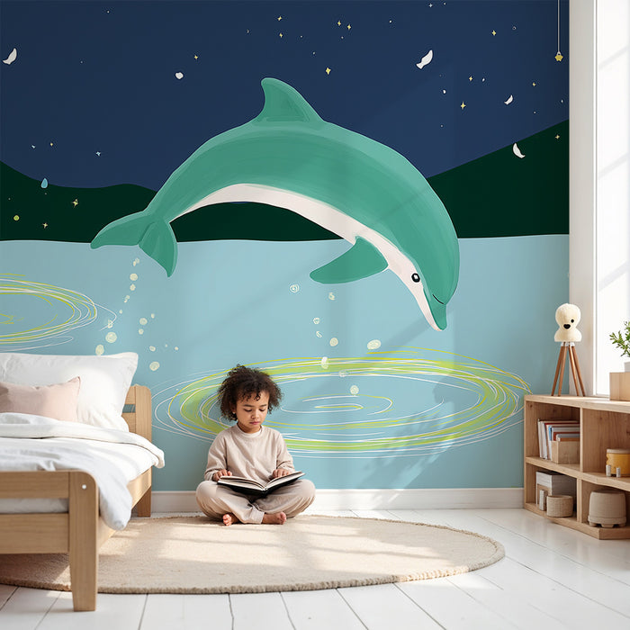 Børneværelse tapet | Hoppende delfin under en stjernehimmel