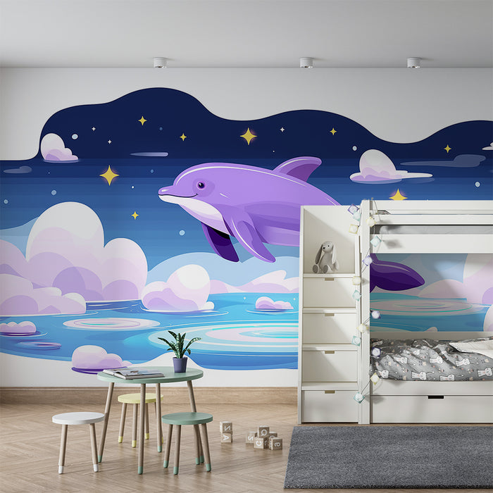 Papel de parede criança | Golfinho roxo saltando em um oceano estrelado
