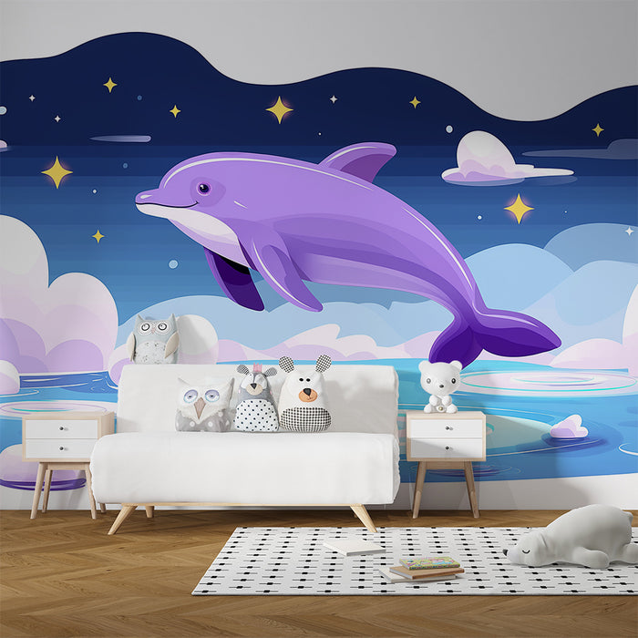 Papel de parede criança | Golfinho roxo saltando em um oceano estrelado