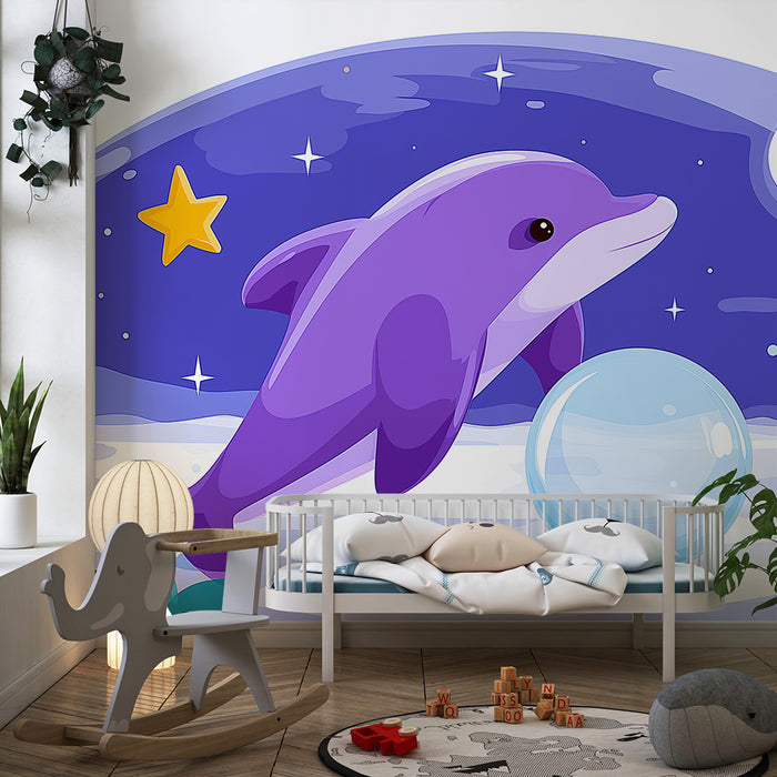 Barntapet | Lila delfin under en stjärnklar himmel
