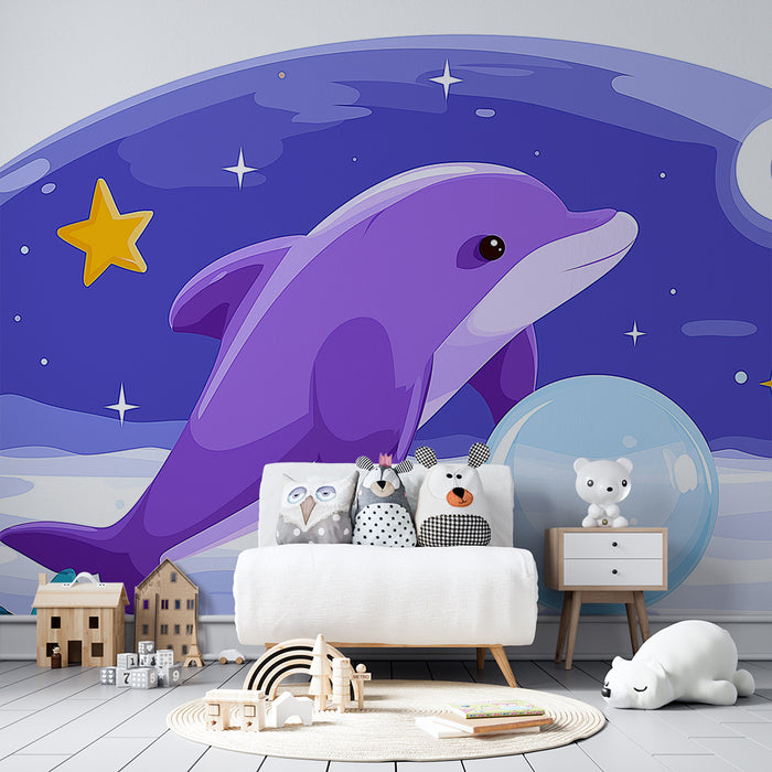 Barntapet | Lila delfin under en stjärnklar himmel