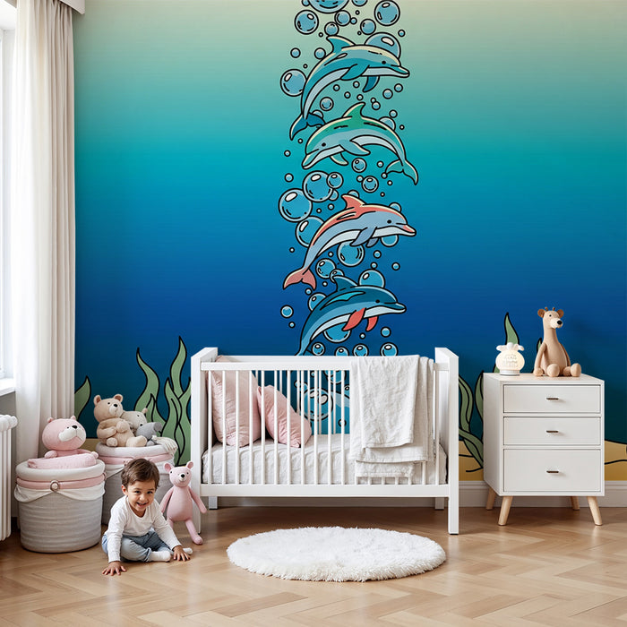 Kinderzimmer Tapete | Delfine und Unterwasserblasen