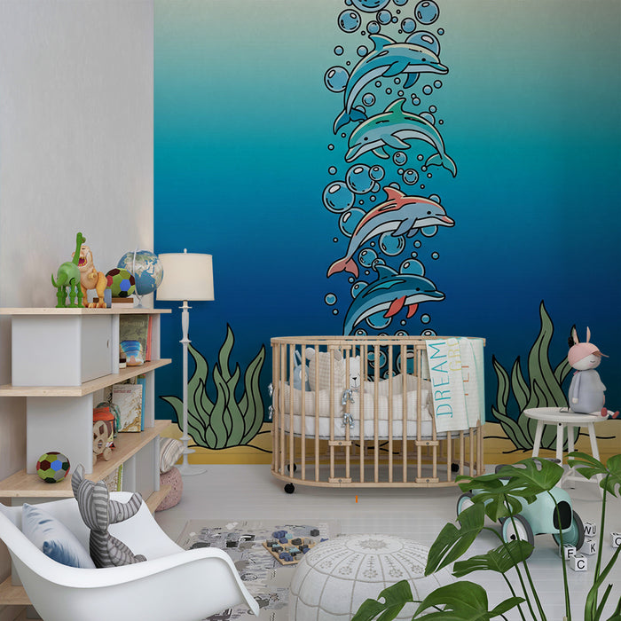 Kinderzimmer Tapete | Delfine und Unterwasserblasen