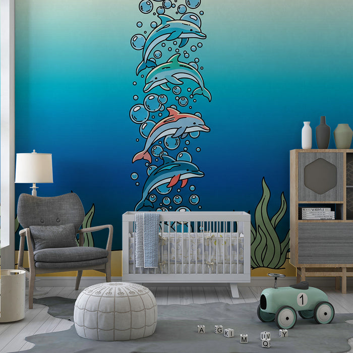Kinderzimmer Tapete | Delfine und Unterwasserblasen