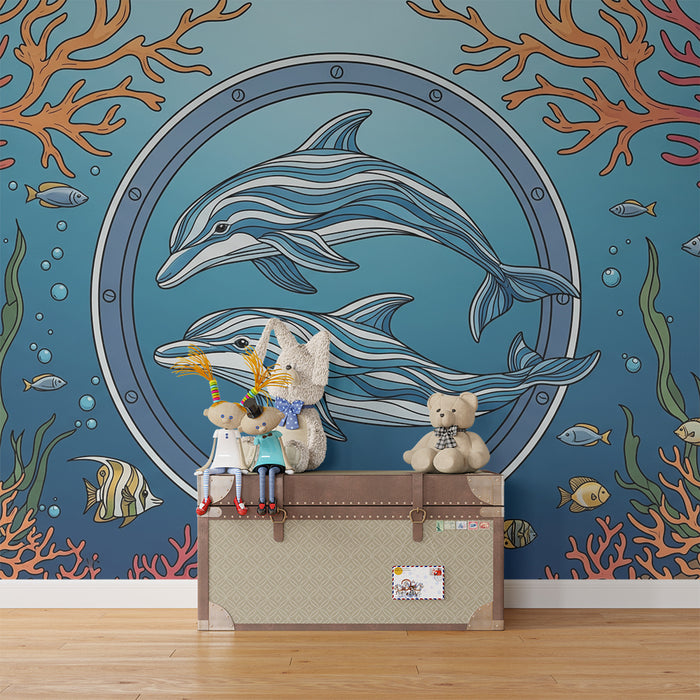 Tapeta dětského pokoje | Barevní delfíni a korály v podmořském světě