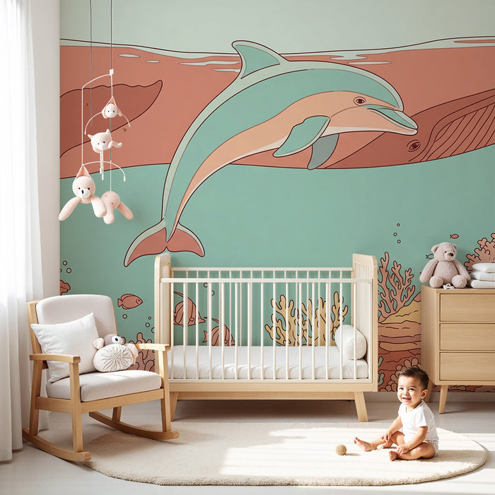Gyermekszoba tapéta | Delfinek és korallzátonyok egy színes tengeri világban