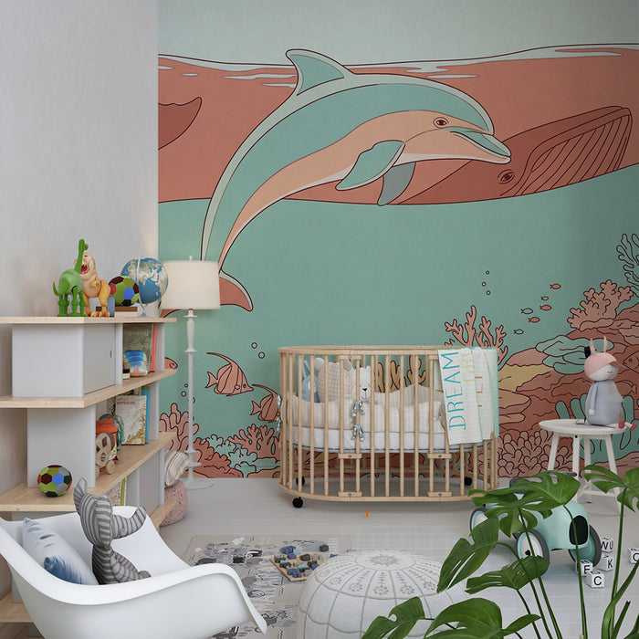 Gyermekszoba tapéta | Delfinek és korallzátonyok egy színes tengeri világban