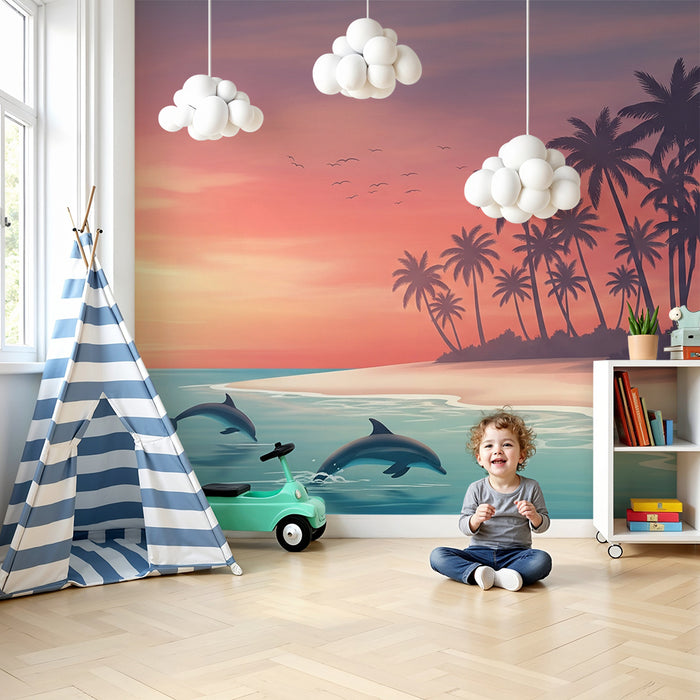 Carta da parati per camera bambini | Delfini che giocano al tramonto su una spiaggia tropicale