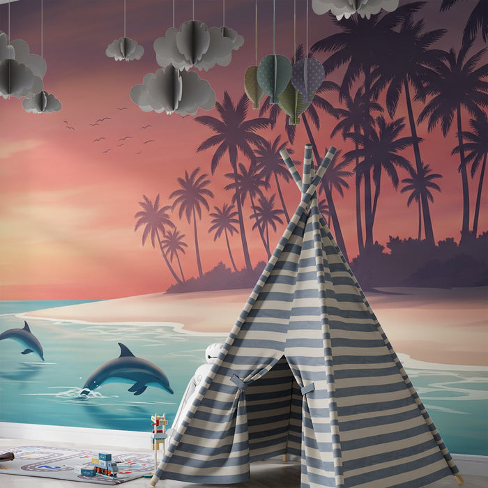 Carta da parati per camera bambini | Delfini che giocano al tramonto su una spiaggia tropicale