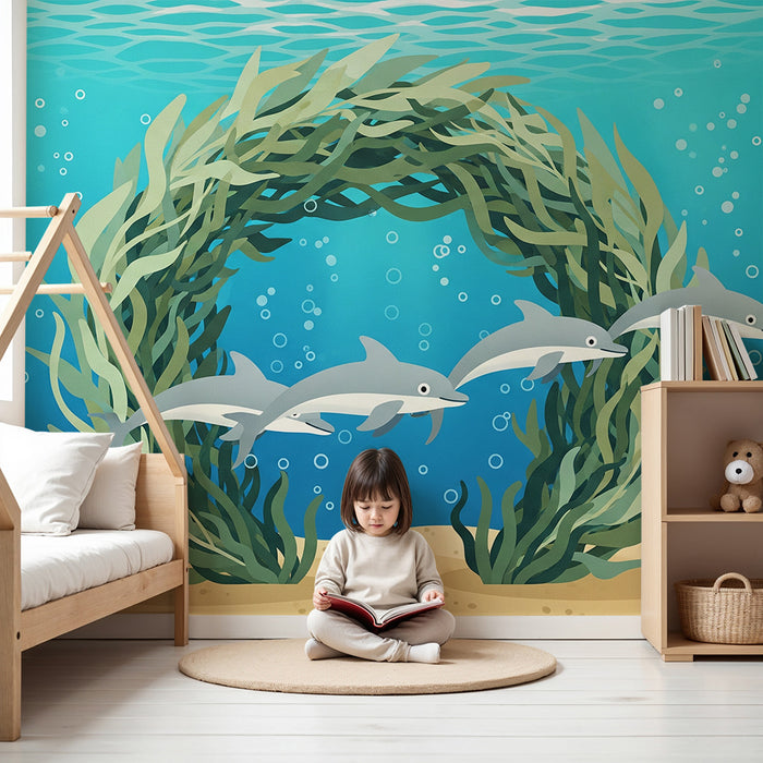 Kinderzimmer-Tapete | Spielende Delfine zwischen Seetang