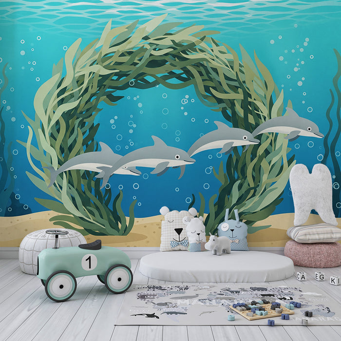 Kinderzimmer-Tapete | Spielende Delfine zwischen Seetang