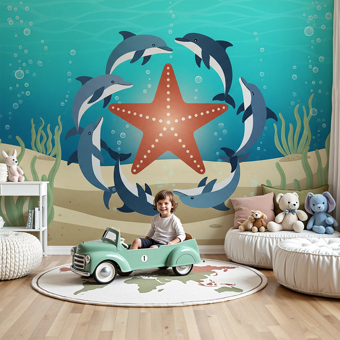 Kinderzimmer-Tapete | Spielende Delfine um einen Seestern