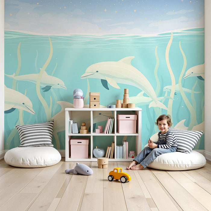 Barntapet | Spelande delfiner i en lugn ocean