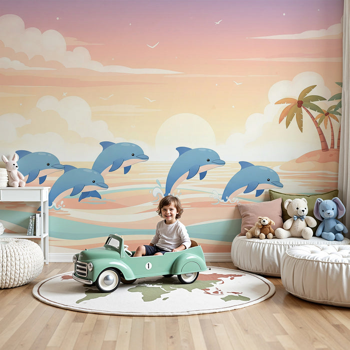 Papier peint chambre enfant | Dauphins joueurs dans un océan pastel