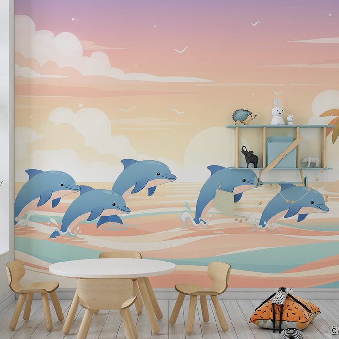 Papier peint chambre enfant | Dauphins joueurs dans un océan pastel