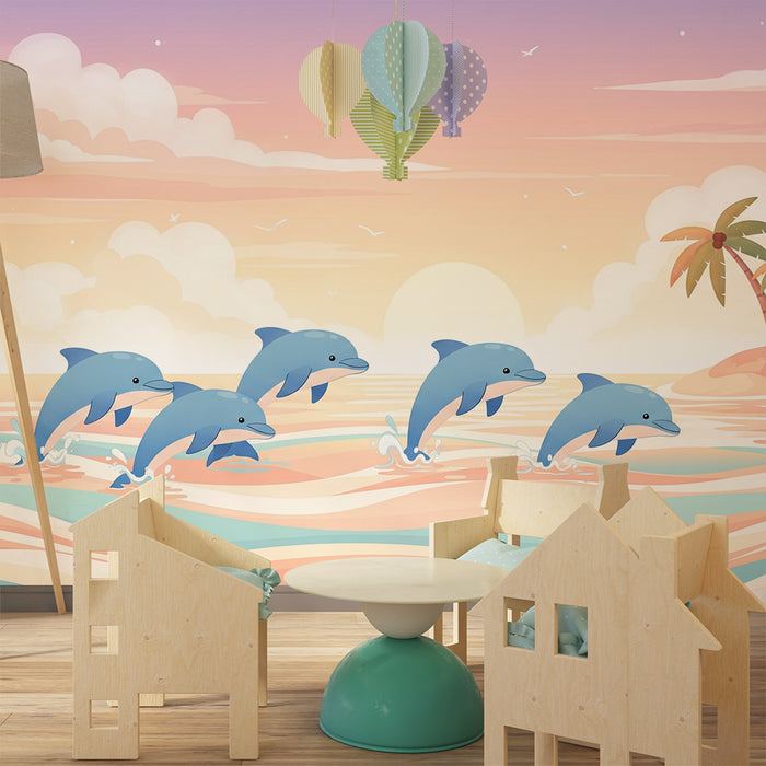 Papier peint chambre enfant | Dauphins joueurs dans un océan pastel