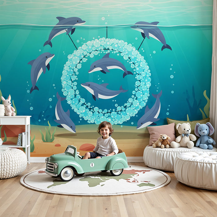 Kinderzimmer-Tapete | Spielende Delfine und Unterwasserblasen