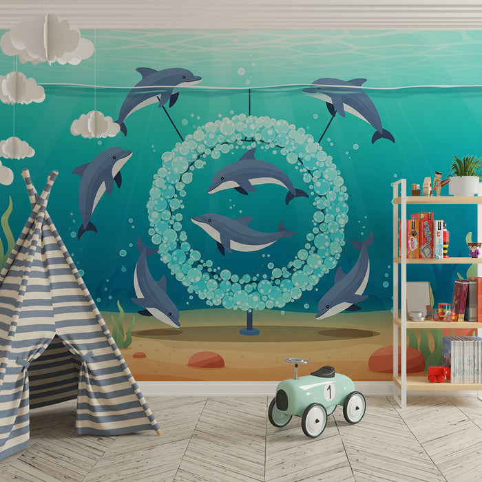 Kinderzimmer-Tapete | Spielende Delfine und Unterwasserblasen
