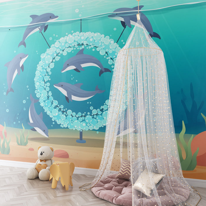 Kinderzimmer-Tapete | Spielende Delfine und Unterwasserblasen