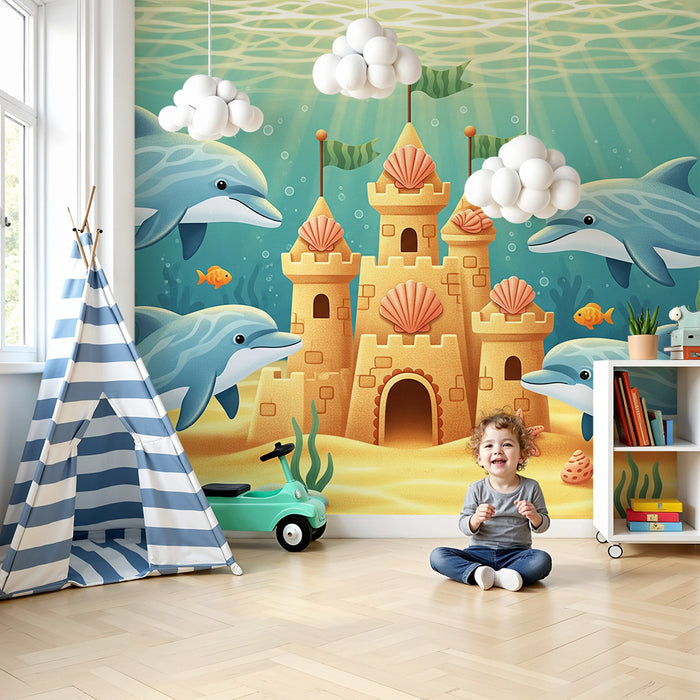 Papier peint chambre enfant | Dauphins joueurs et château de sable sous-marin