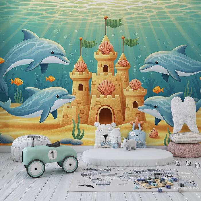 Papier peint chambre enfant | Dauphins joueurs et château de sable sous-marin