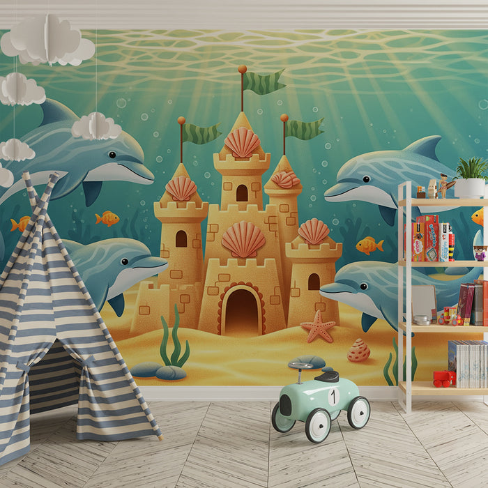 Papier peint chambre enfant | Dauphins joueurs et château de sable sous-marin