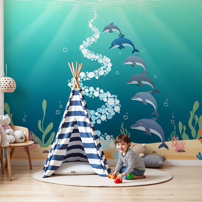 Kinderzimmer-Tapete | Spielende Delfine und bunte Unterwasserwelten